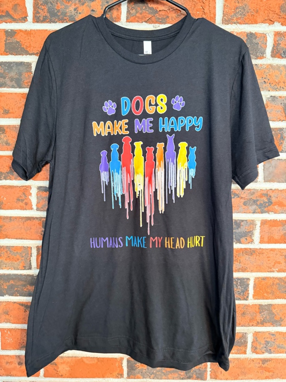DOGS Make Me Happy Black T-Shirt - Rainbow Paw & Dog Design (83)